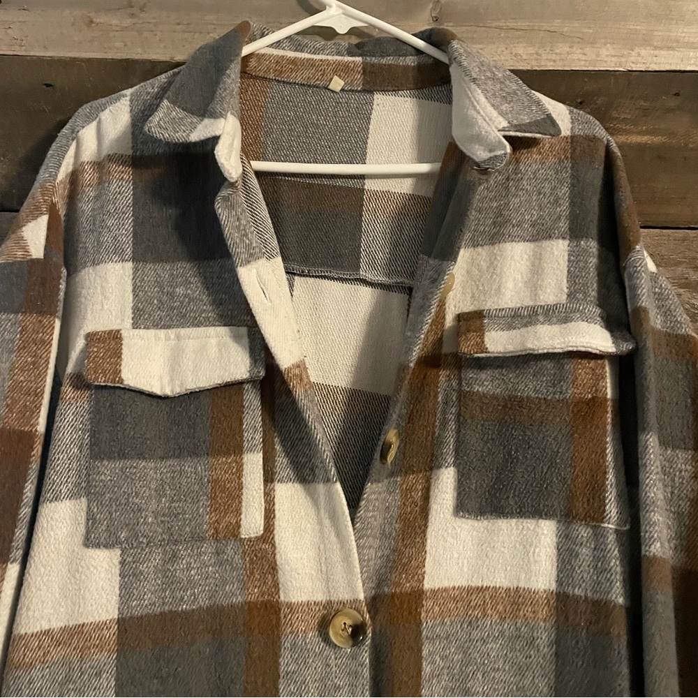 LONG Button-Up Shacket in Cream, Gray & Brown - Picture 2 of 4